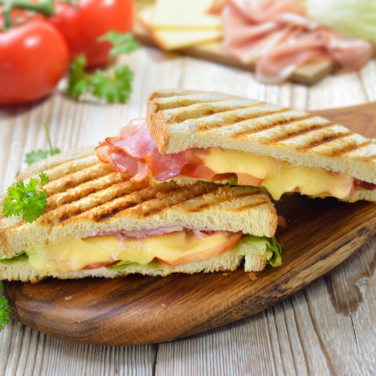 Grilled,And,Pressed,Toast,With,Smoked,Ham,,Cheese,,Tomato,And