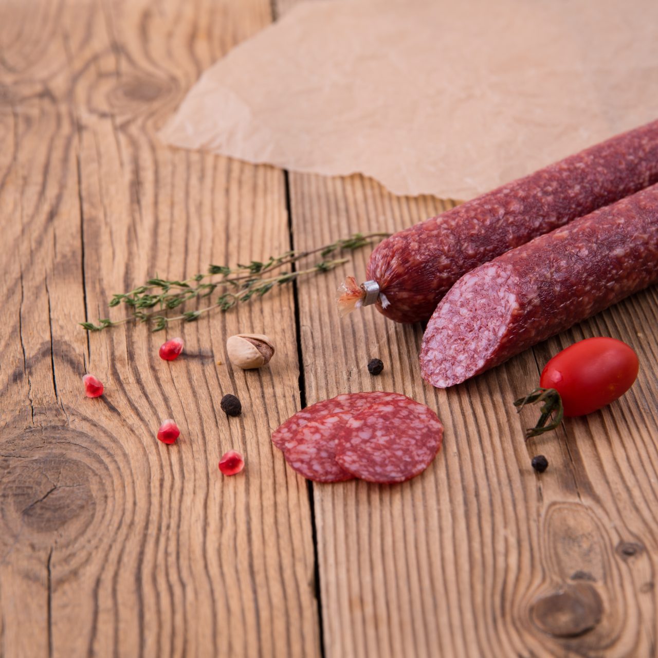 Raw,Smoked,Sausage,Lies,On,An,Old,Rustic,Wooden,Table